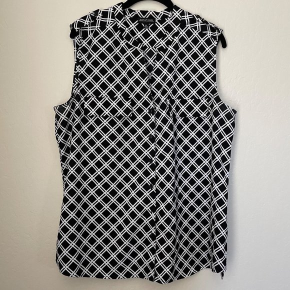 Notations Women's XL Sleeveless Black/White Geometric Print Button Front Blouse - Picture 1 of 7